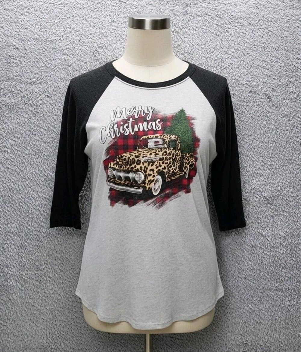 Next Level L Christmas Raglan Tee Leopard Truck Buffalo Plaid 3/4 Sleeve
